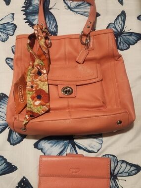 Coach Coral Leather Tote with Floral Scarf Accent